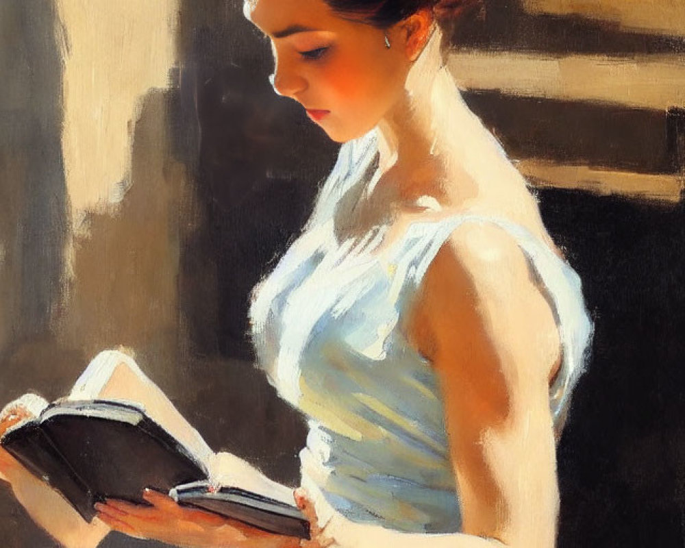 Woman in blue dress reading book in sunlight