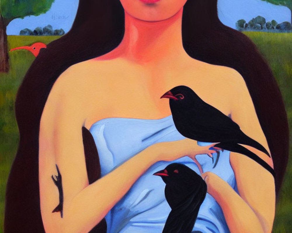 Portrait of a woman with long dark hair holding blackbirds outdoors