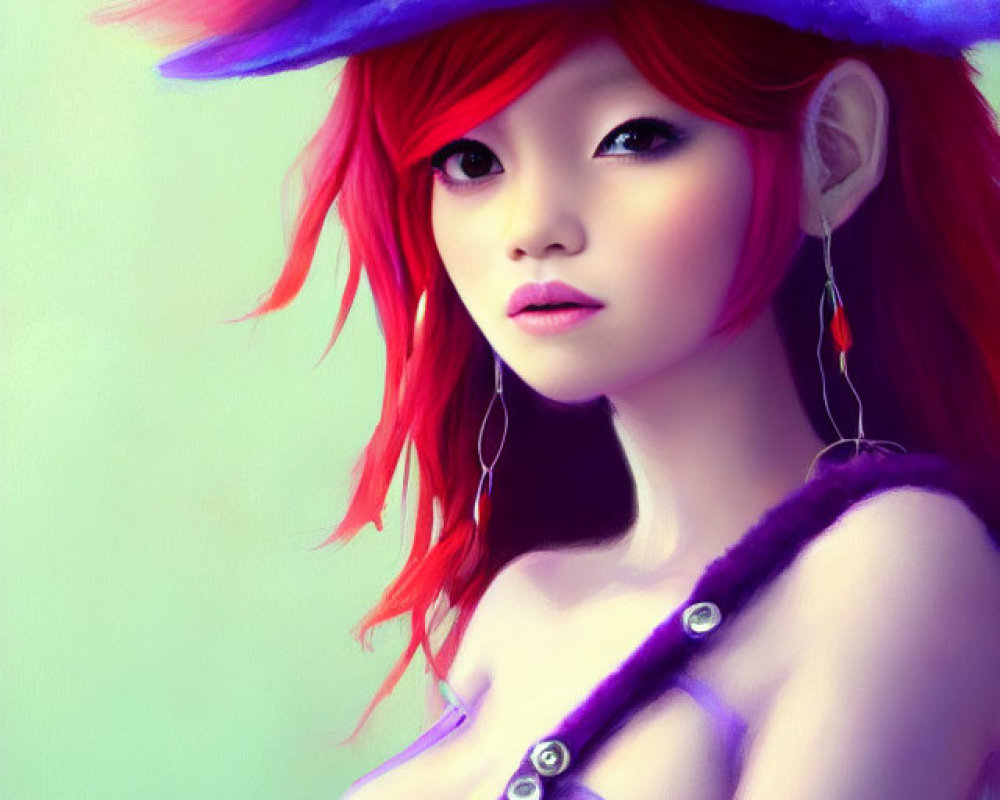 Digital artwork: Woman with red hair, blue pirate hat, and skull insignia outfit.