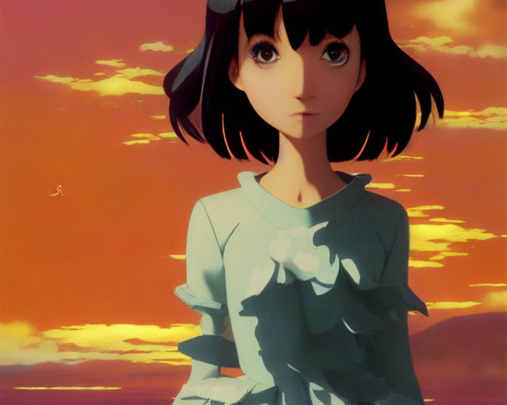 Digital artwork of animated girl in blue dress with black hair against dreamy sunset sky and calm sea