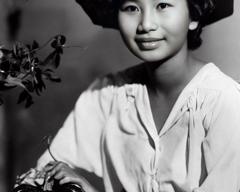 Vintage Black and White Photo of Smiling Woman with Wide-Brimmed Hat and Pumpkin