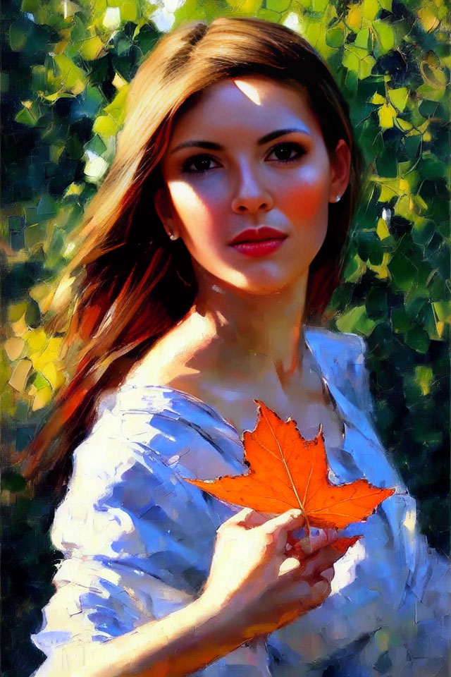 Woman with Long Dark Hair Holding Red Maple Leaf in Dappled Sunlight