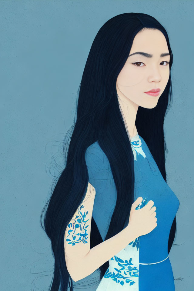 Digital illustration of woman with long black hair in blue dress with white floral patterns and matching tattoo.