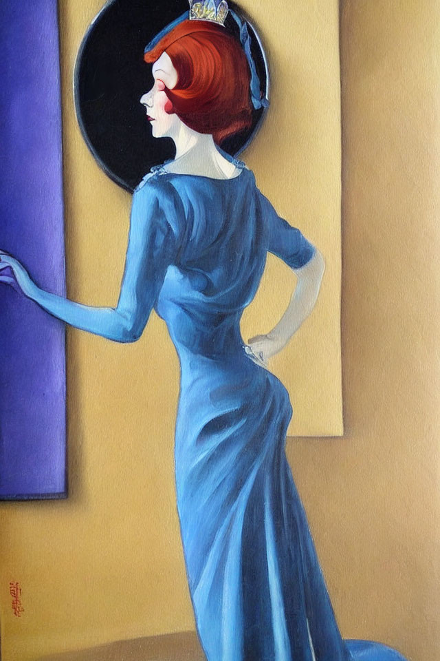 Portrait of elegant woman in blue dress with red updo, looking at black mirror on yellow wall