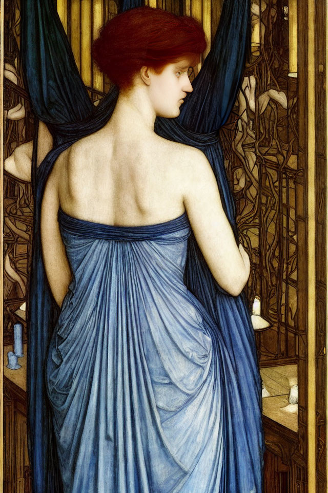 Pre-Raphaelite Style Painting of Woman with Angelic Wings and Red Hair