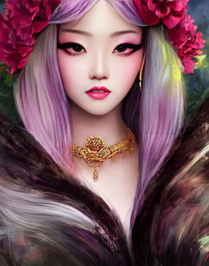 Fantasy female character with pink flowers, pink eyes, and gold necklace