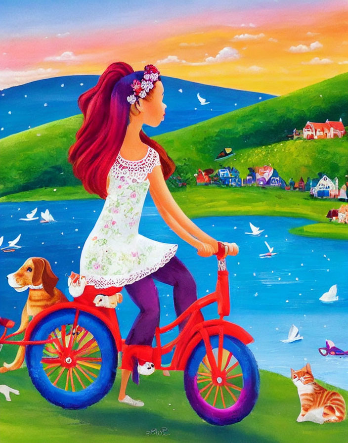 Colorful painting of girl with red hair on bike, dog, lake, hills, houses, birds