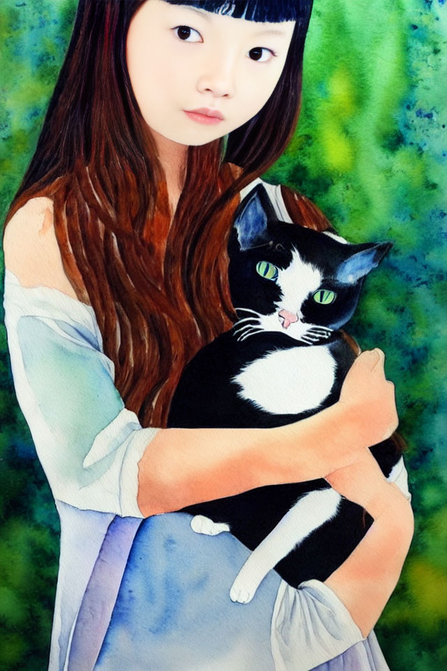 Girl with Long Brown Hair Holding Black and White Cat on Abstract Blue and Green Background