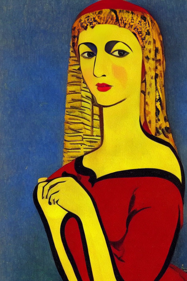 Abstract woman portrait with yellow hair and red dress on blue background and tan column