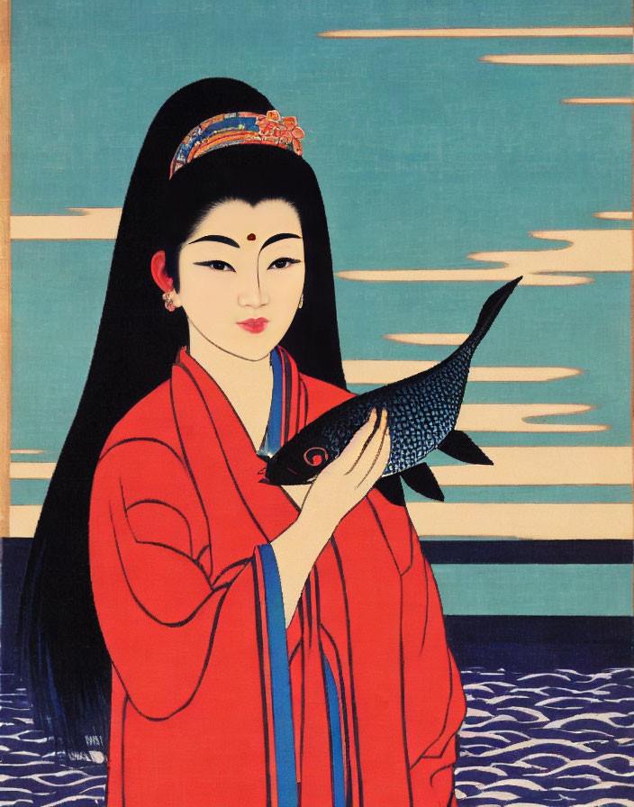 Traditional Asian-style painting of woman in red robe with fish on blue-patterned background