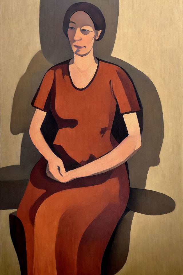 Seated Woman in Red-Brown Dress with Earthy Tones