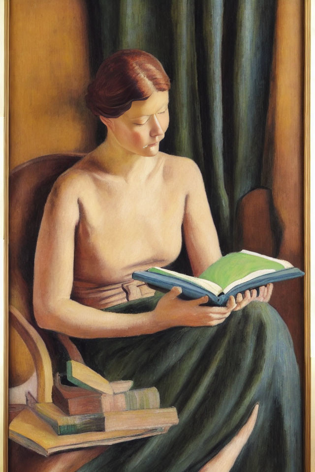 Tranquil painting of woman reading in warm green and brown ambiance