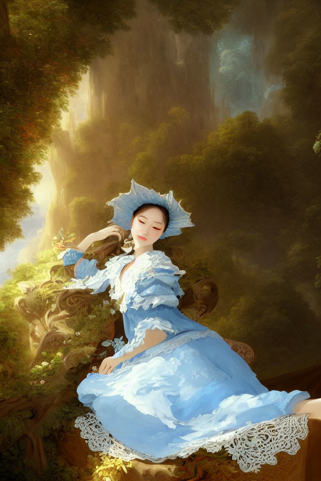 Woman in Blue Period Dress Relaxing in Forest Clearing