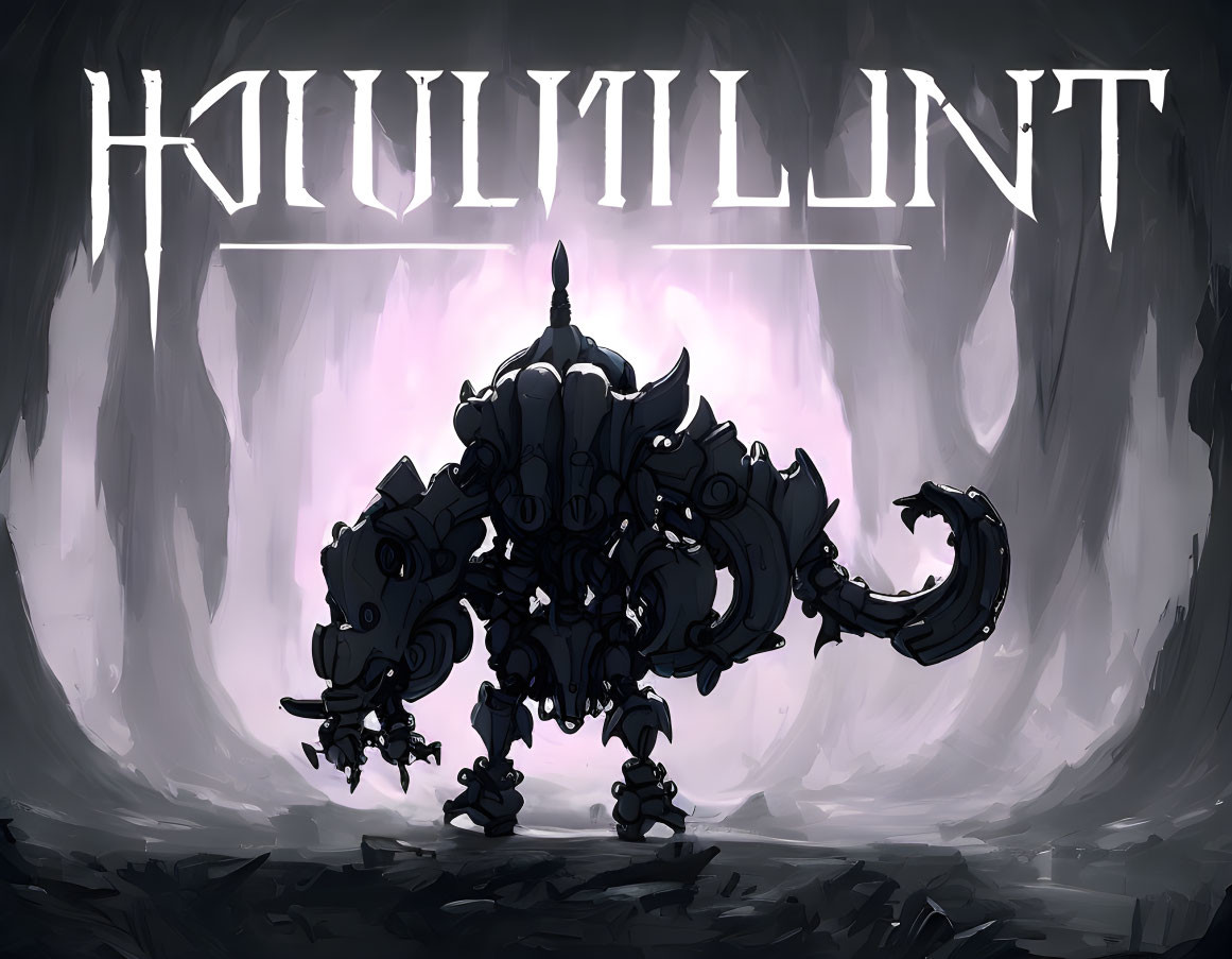 Menacing robotic creature with scorpion-like tail in "HOLLOWLUNT" title