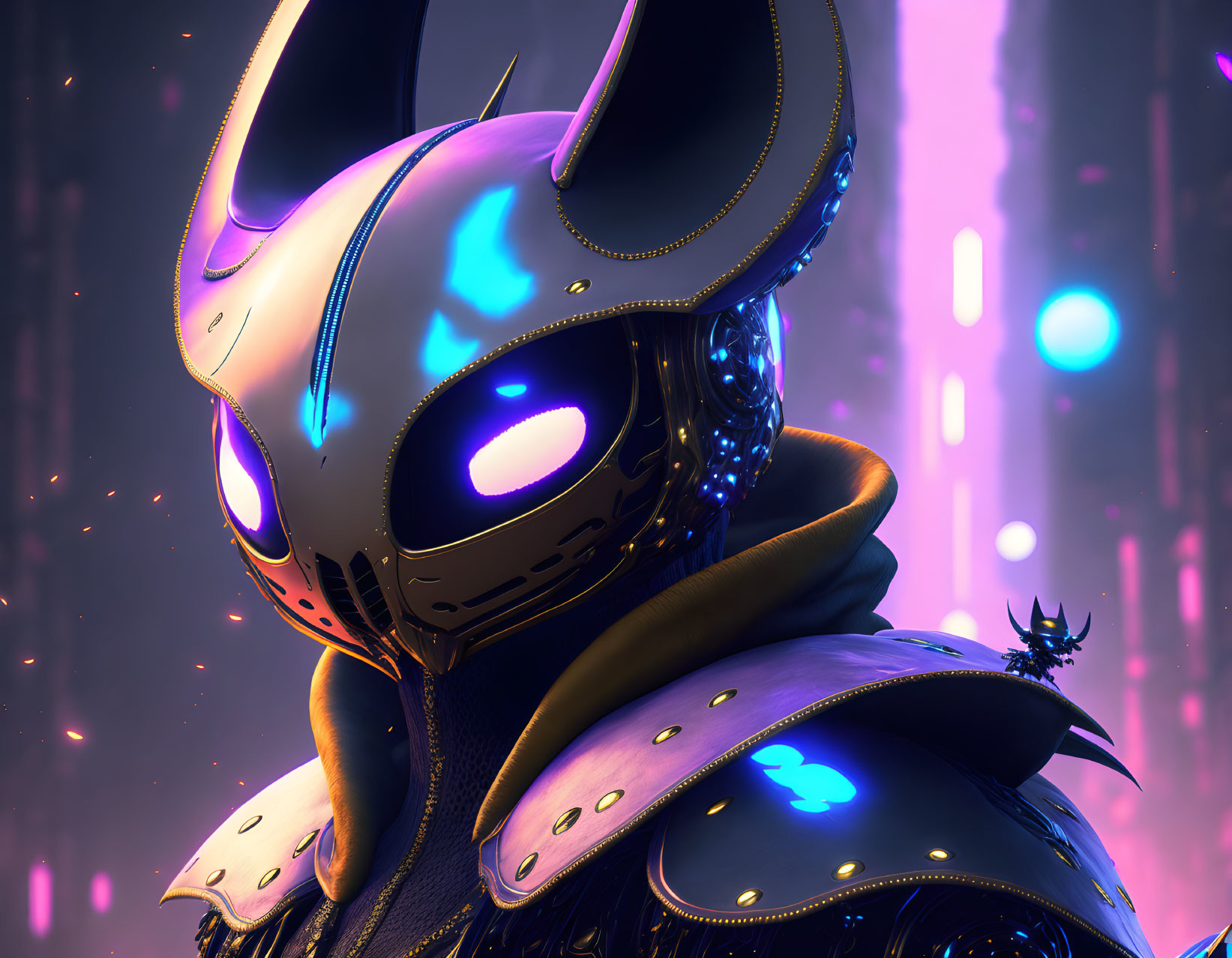 Futuristic knight in illuminated armor with rabbit ears on neon-lit backdrop