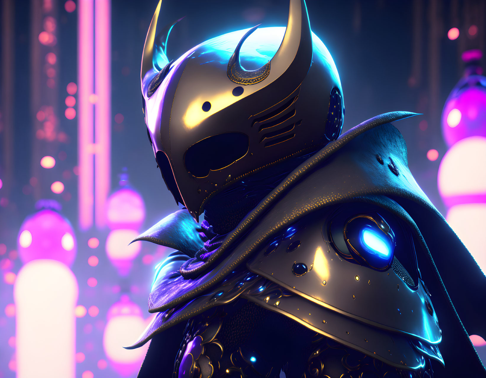 Futuristic knight in black armor with glowing blue visor and crescent symbol in ambient pink neon