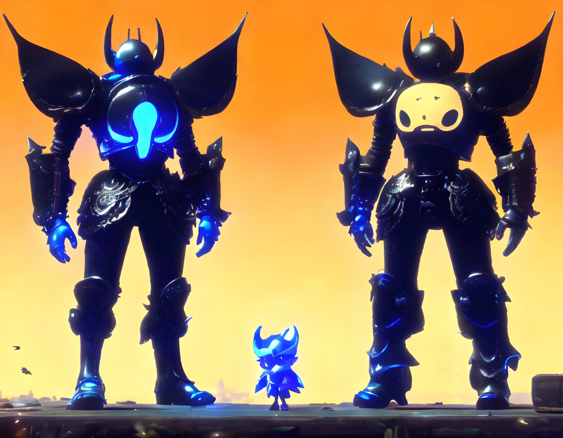 Armored figures with glowing blue accents on orange backdrop