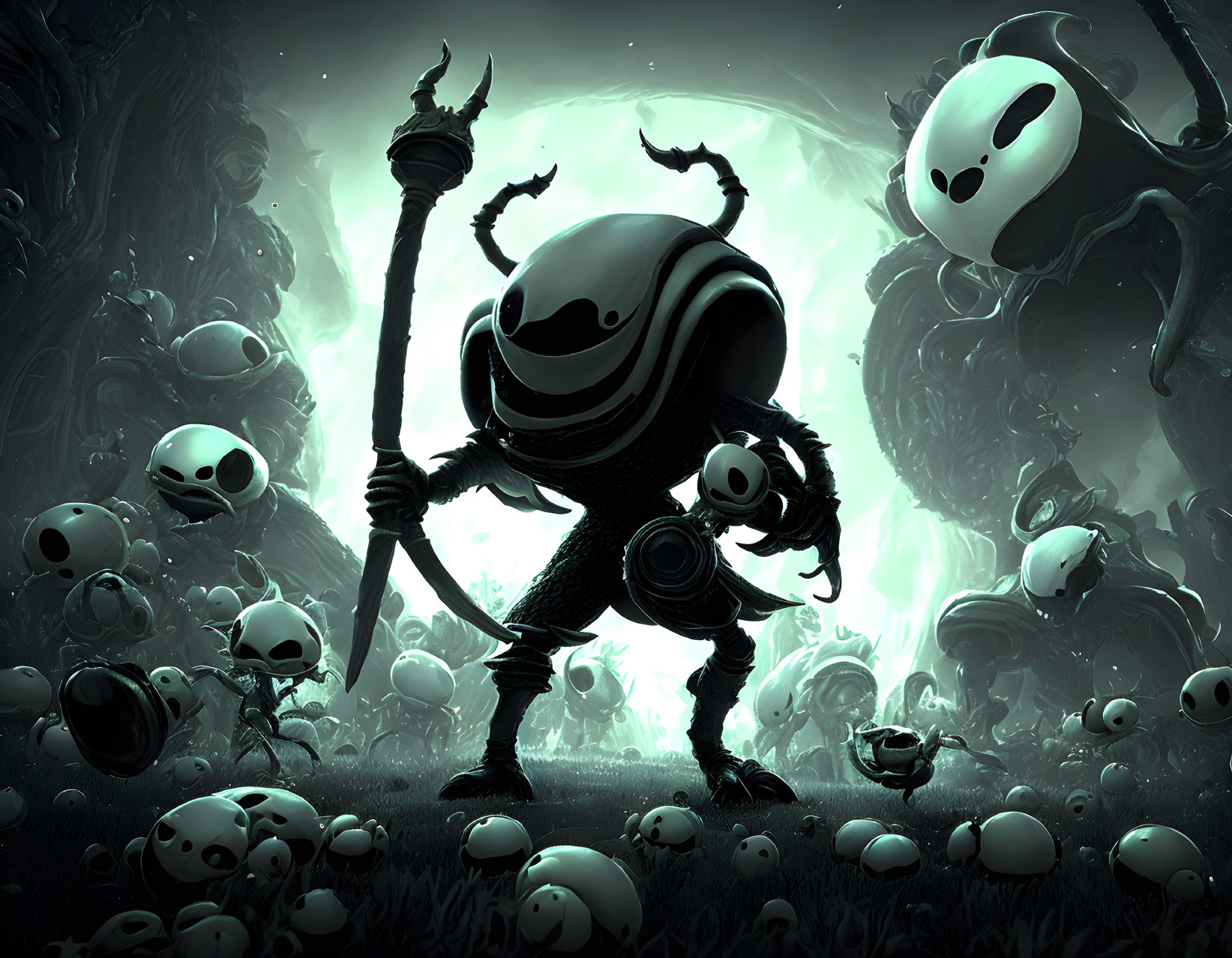 Shadowy Figure with Horned Helmet and Spear in Eerie Green Landscape