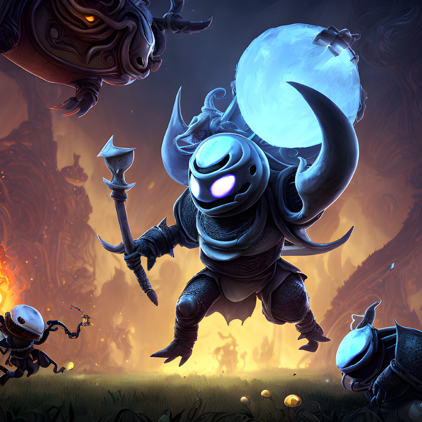 Fantasy Knight with Glowing Orb Surrounded by Shadowy Creatures