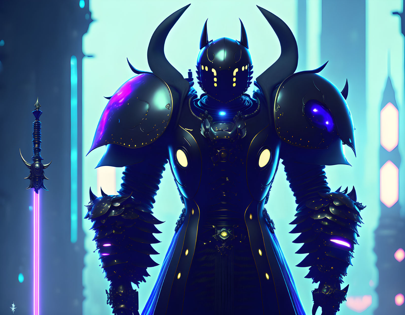 Armored warrior with glowing blue accents and bladed weapons in futuristic cityscape.