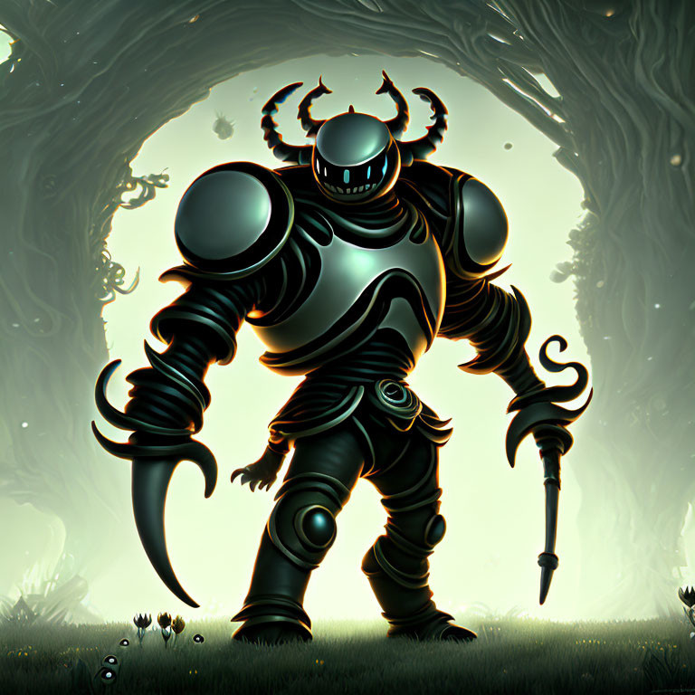 Armored figure with horned helmet in eerie forest setting