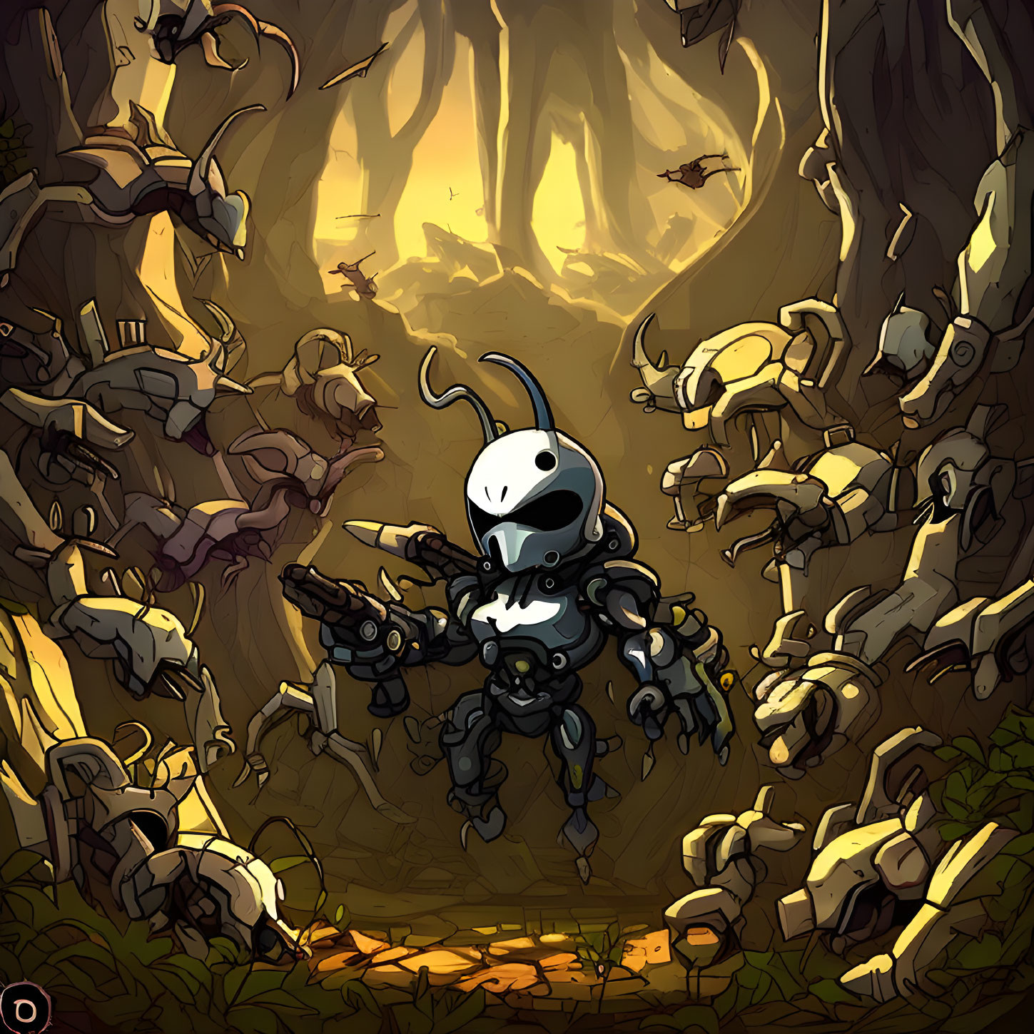 Small knight in cavern with bug-like creatures and fiery orange light