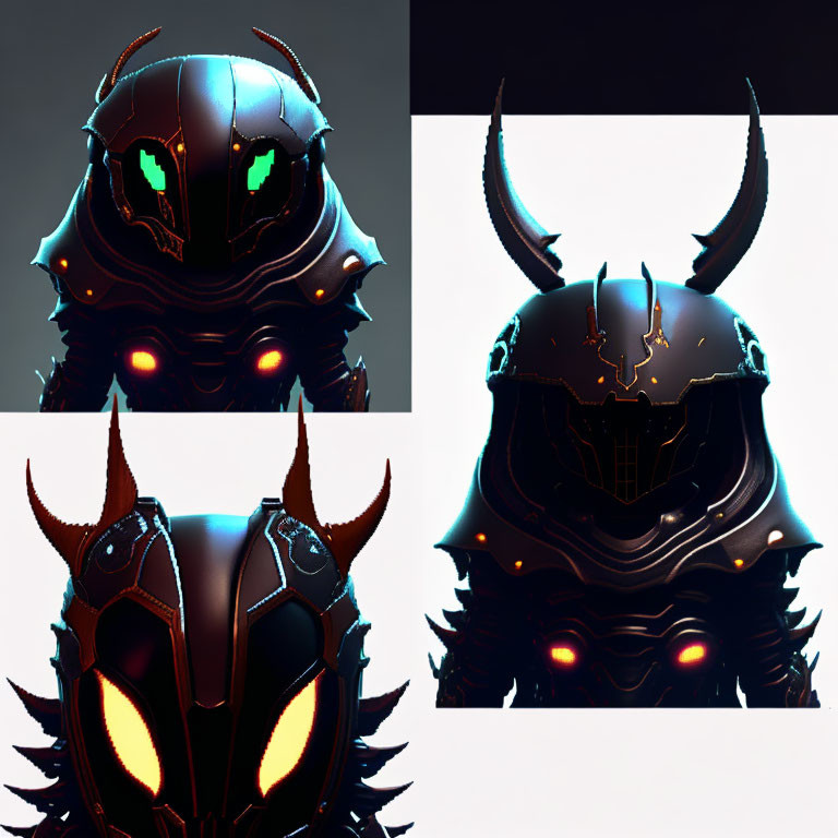 Stylized helmet with glowing eyes and horns in menacing and futuristic designs