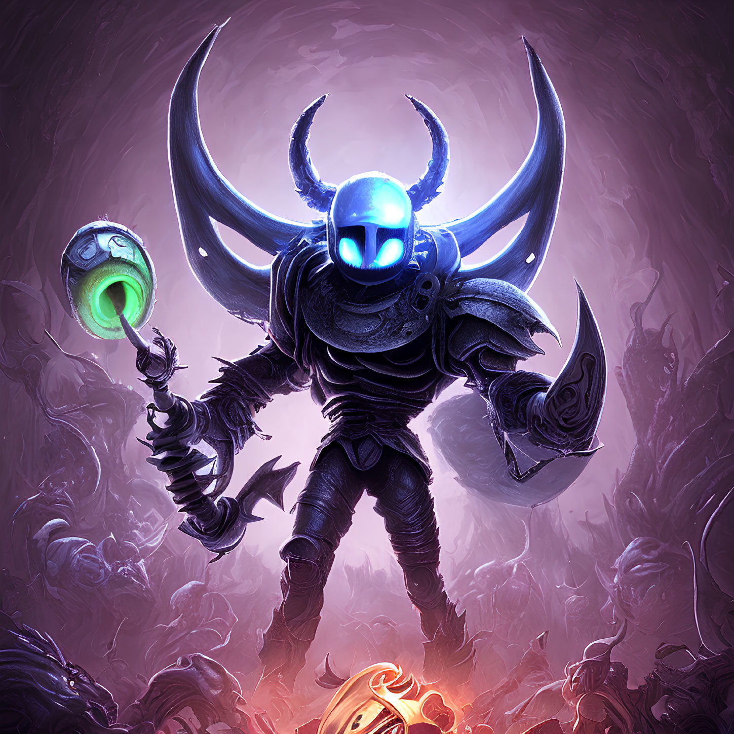 Armored figure with glowing eyes holds green orb and curved blade in purple mist