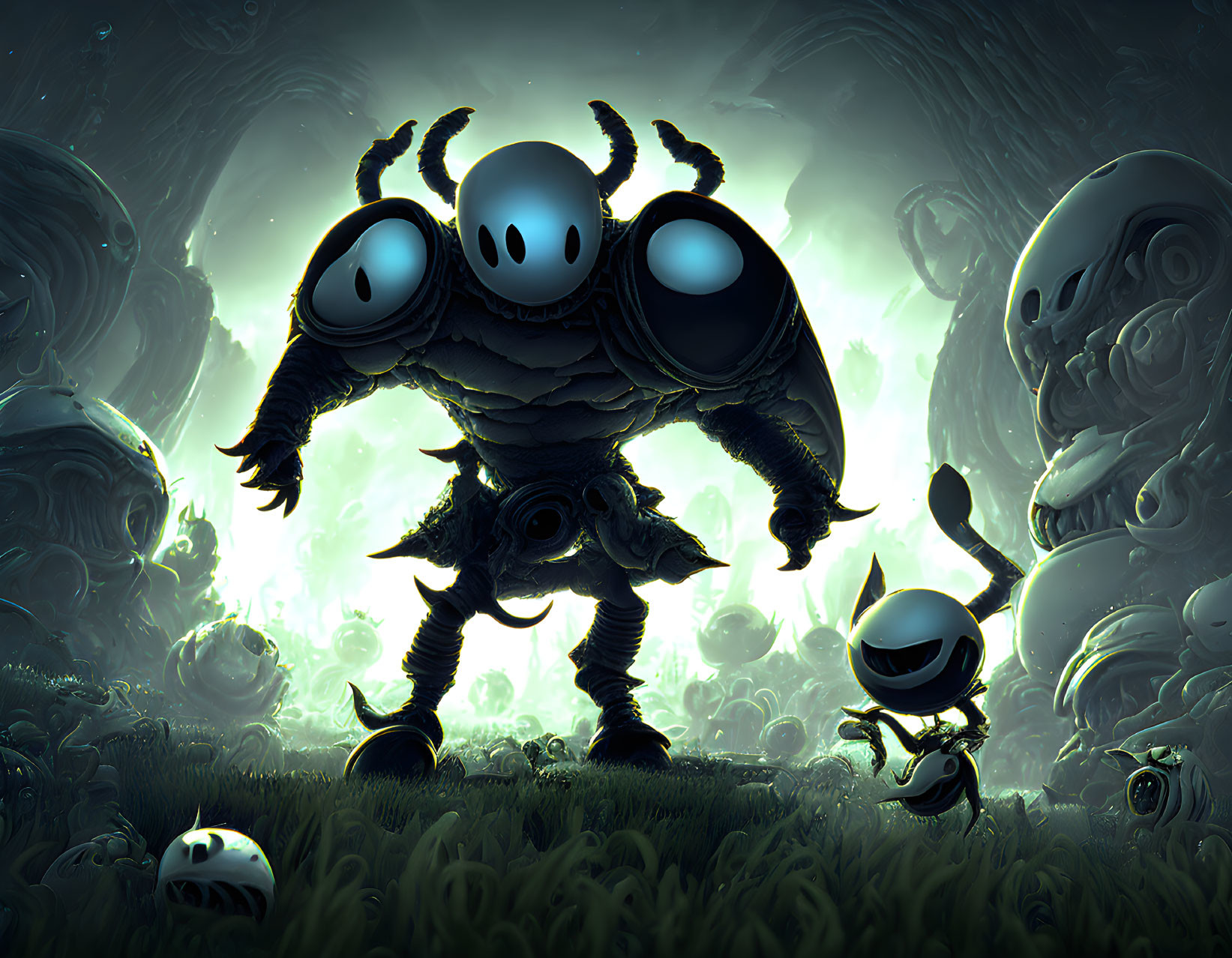 Stylized illustration of Hollow Knight game characters in armor with eerie creatures