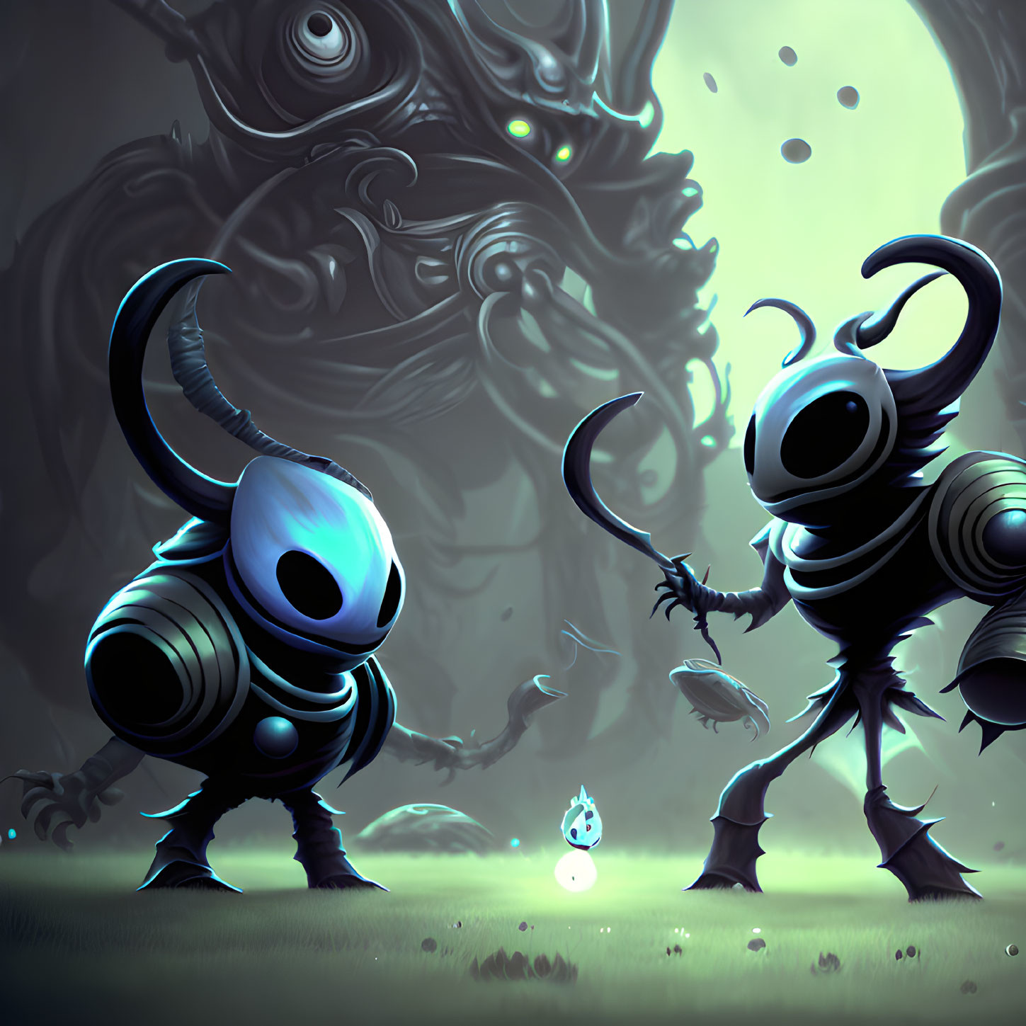 Stylized illustration of two alien creatures in a dark fantasy setting