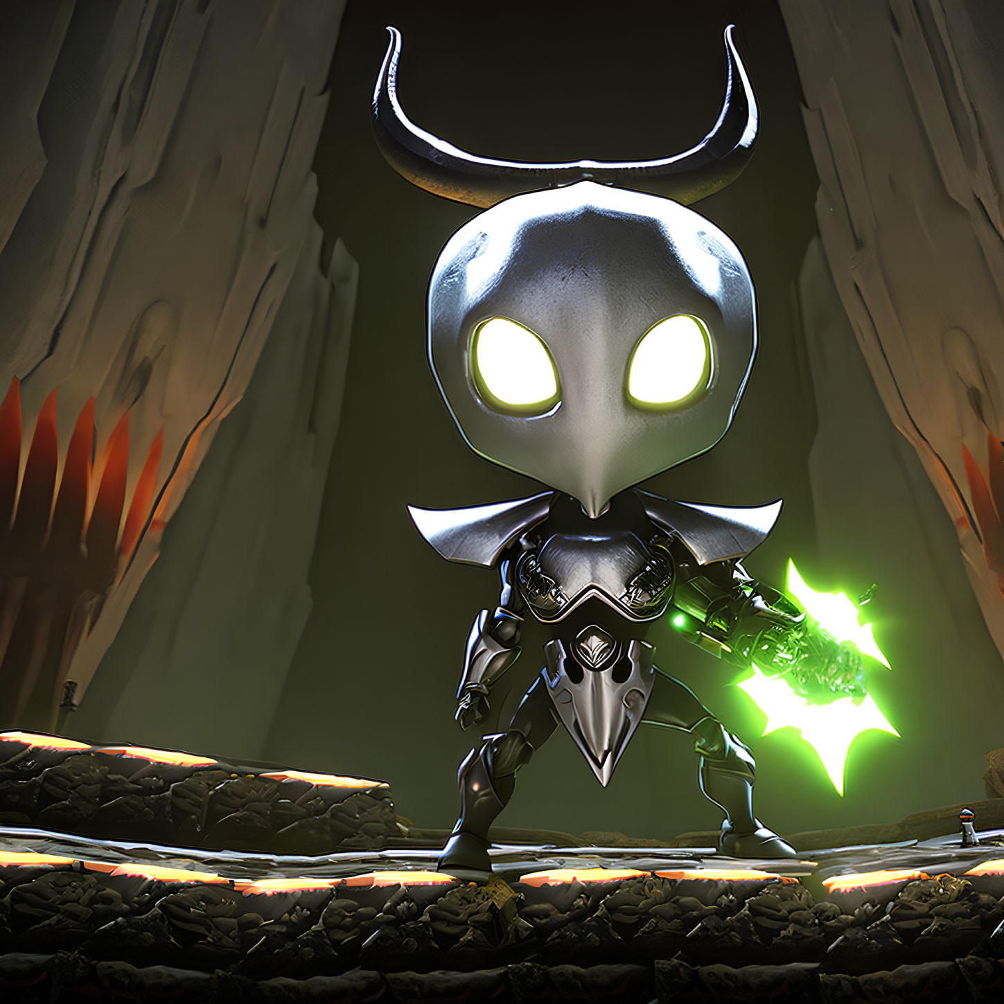 Stylized alien character in armor with horns and glowing eyes holding green weapon