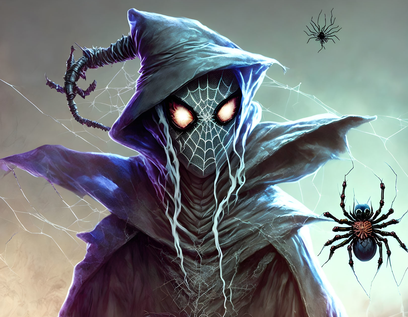 Fantasy figure with glowing eyes and spiderweb motifs in misty setting