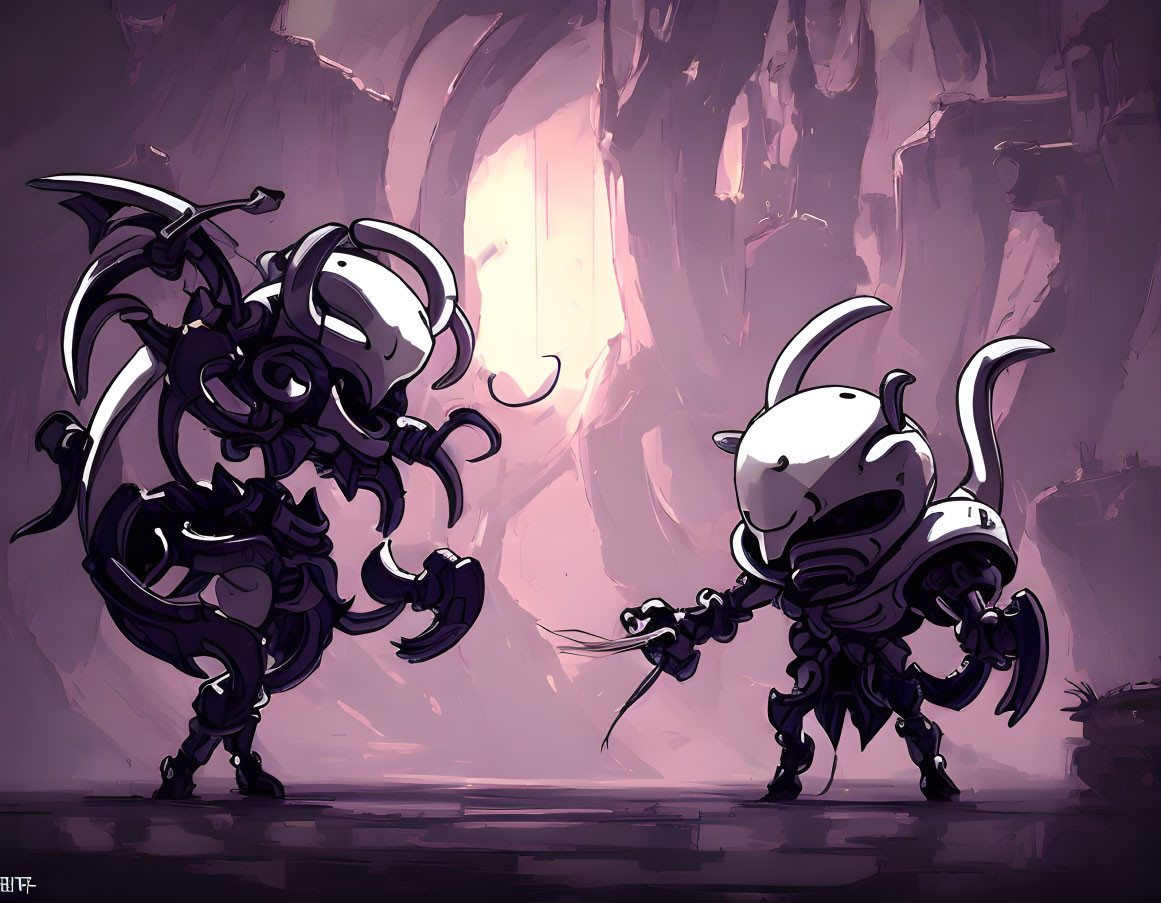 Stylized robotic knights with swords in dark cavern.