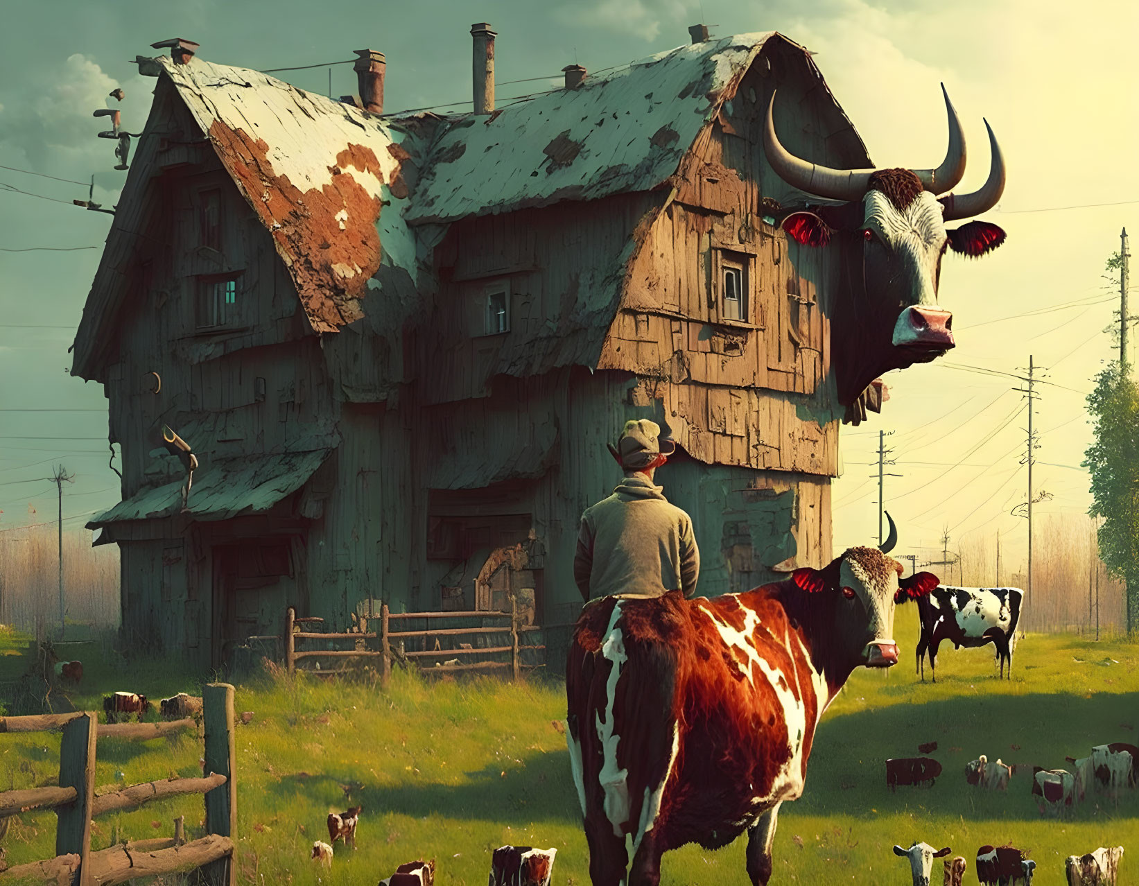 Surreal man and oversized cow in pastoral setting with teetering house