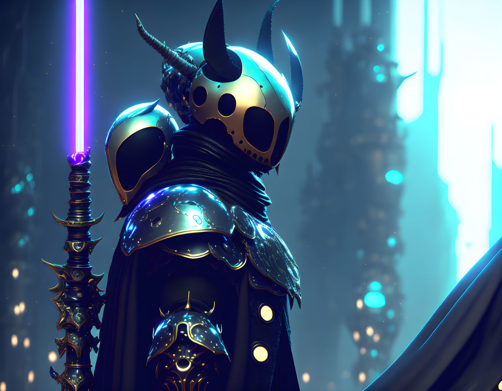 Mysterious armored figure in futuristic blue-lit environment