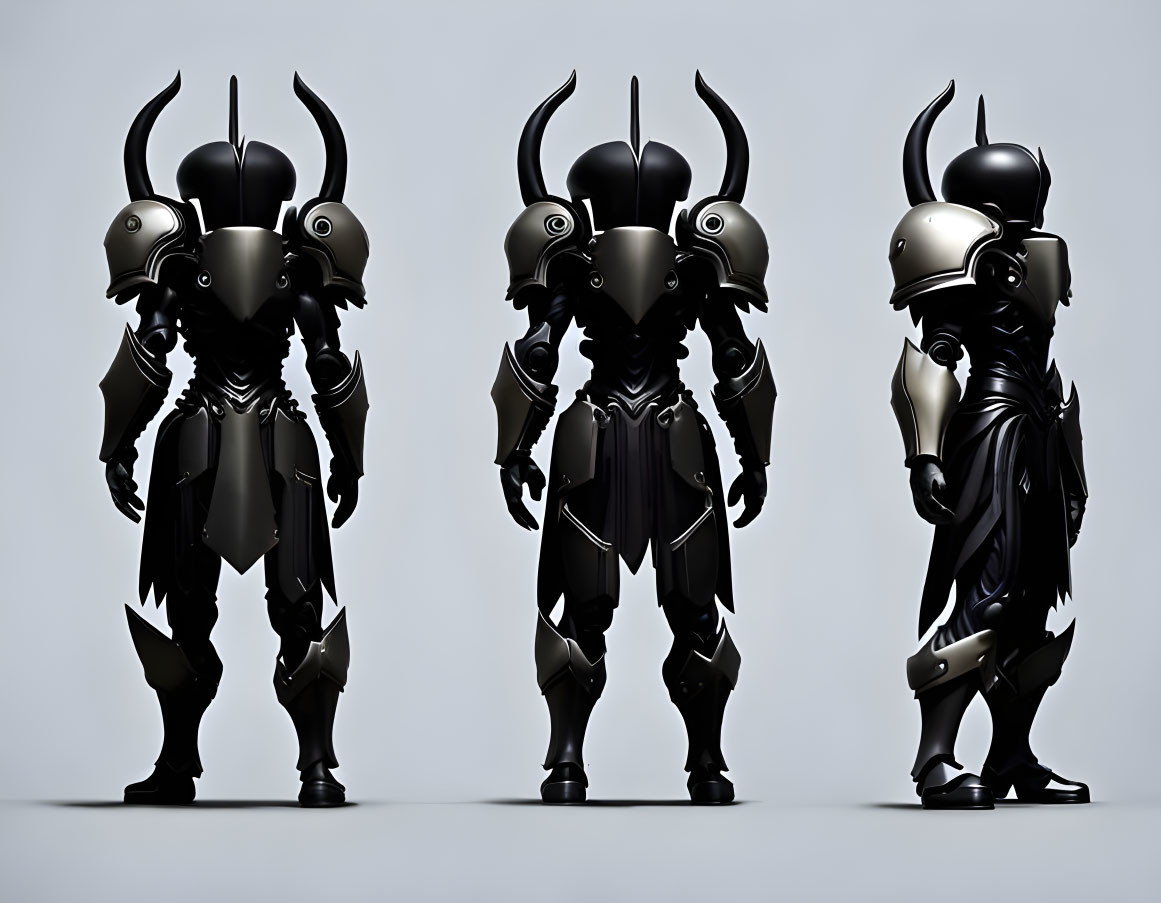 Three futuristic knight armors with horned helmets and sleek designs displayed side by side with varying poses