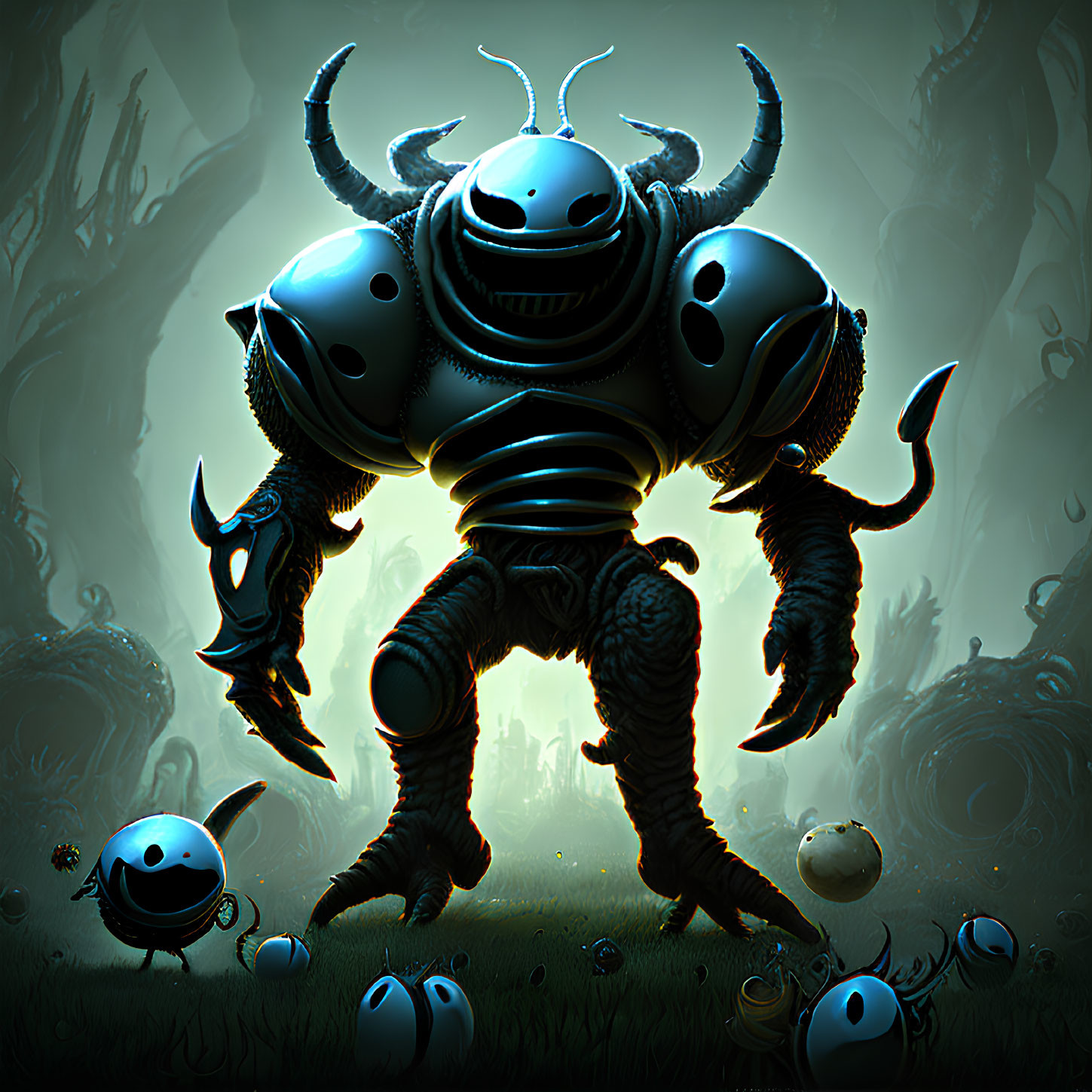 Menacing robotic creature with horns and clawed limbs in dark forest scene