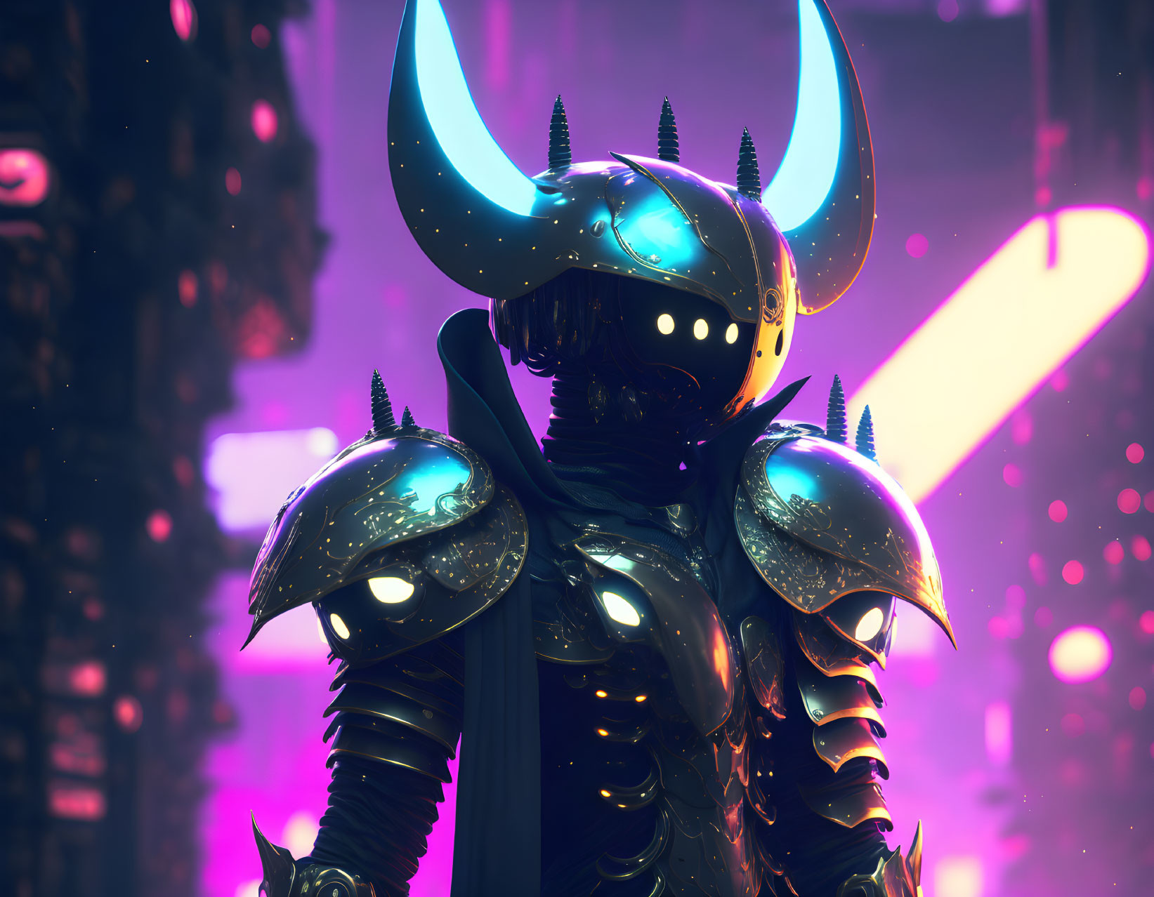 Futuristic warrior in ornate black armor with glowing sword against neon-lit cityscape