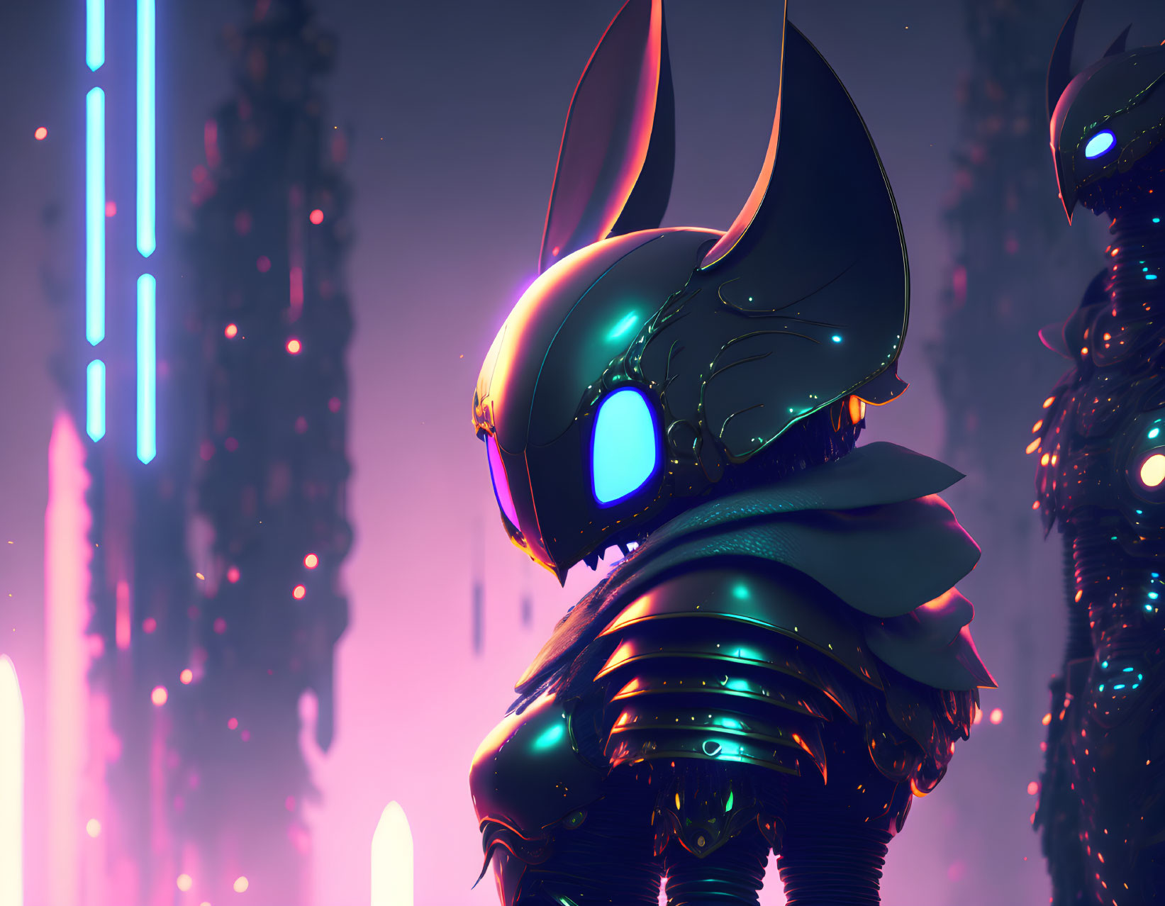 Armored figures with rabbit headgear in neon-lit setting