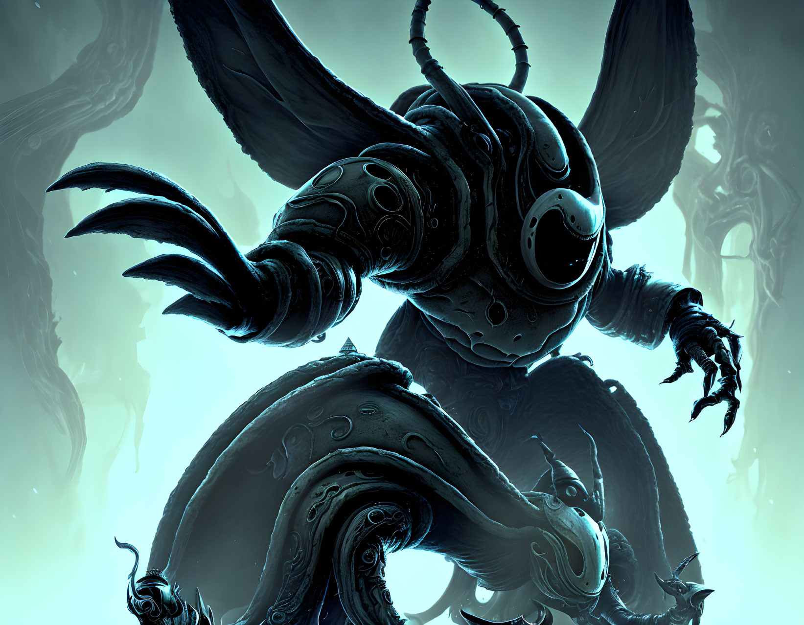 Mysterious alien creature in ornate armor with tendrils on misty background