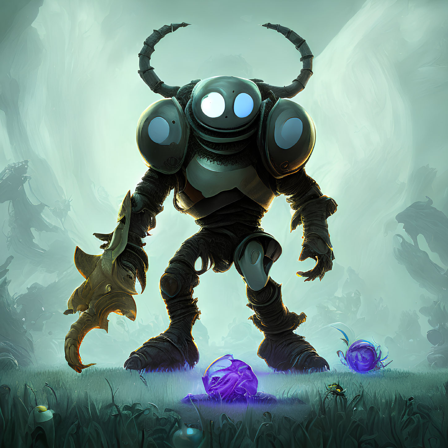 Friendly Robot in Misty Green Landscape with Creatures and Glowing Plants