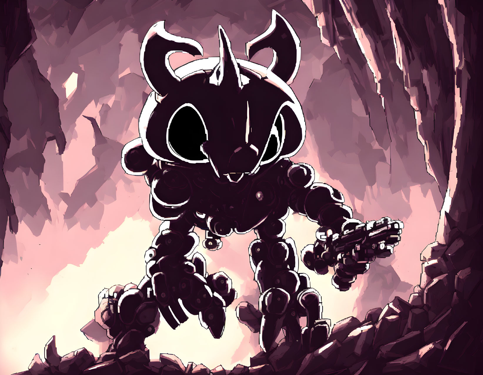 Monochromatic drawing of menacing robotic creature with horns in rocky landscape