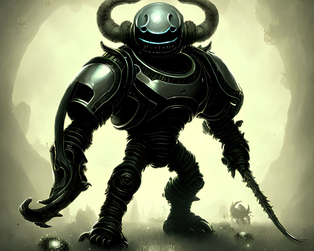 Armored figure with glowing eyes and large horns in misty landscape holding weapon