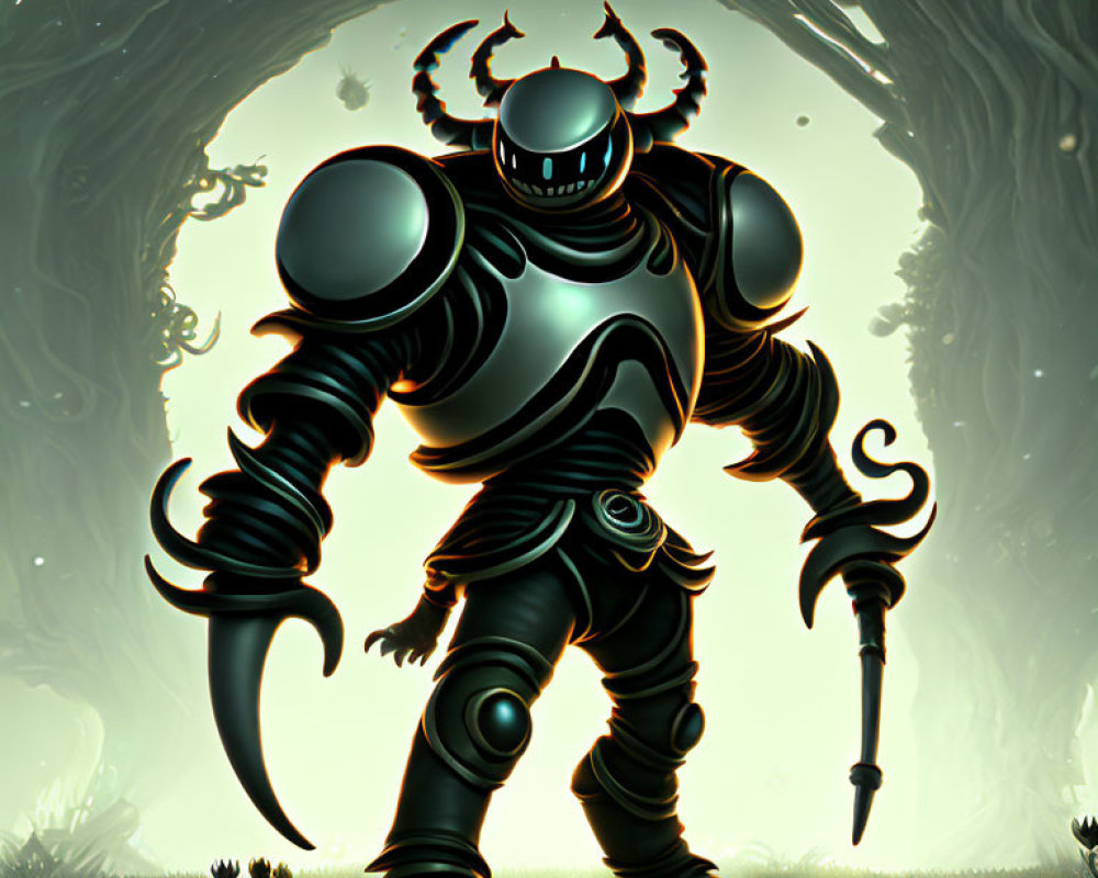 Armored figure with horned helmet in eerie forest setting