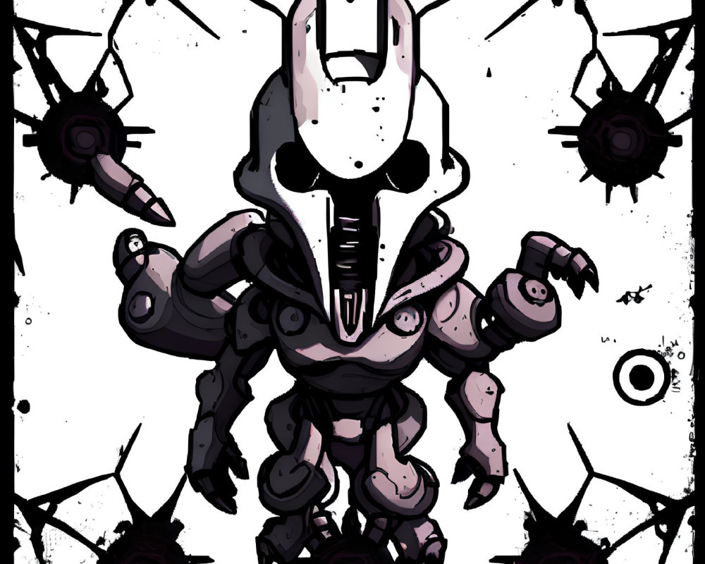 Stylized robot with skull-like face and weapon arms on cracked background