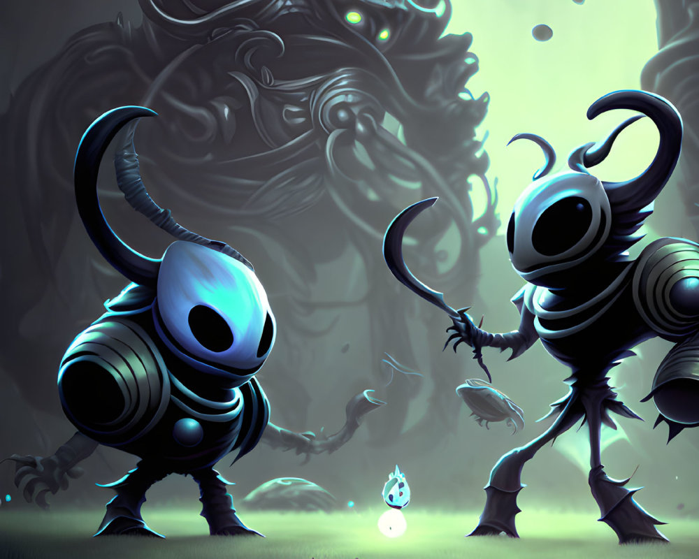 Stylized illustration of two alien creatures in a dark fantasy setting