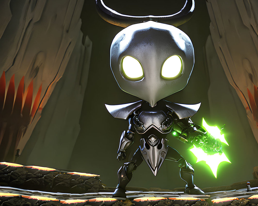 Stylized alien character in armor with horns and glowing eyes holding green weapon