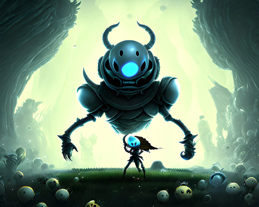 Illustration of humanoid character in cape with skull-like head in eerie forest with beetle-like creature and glowing