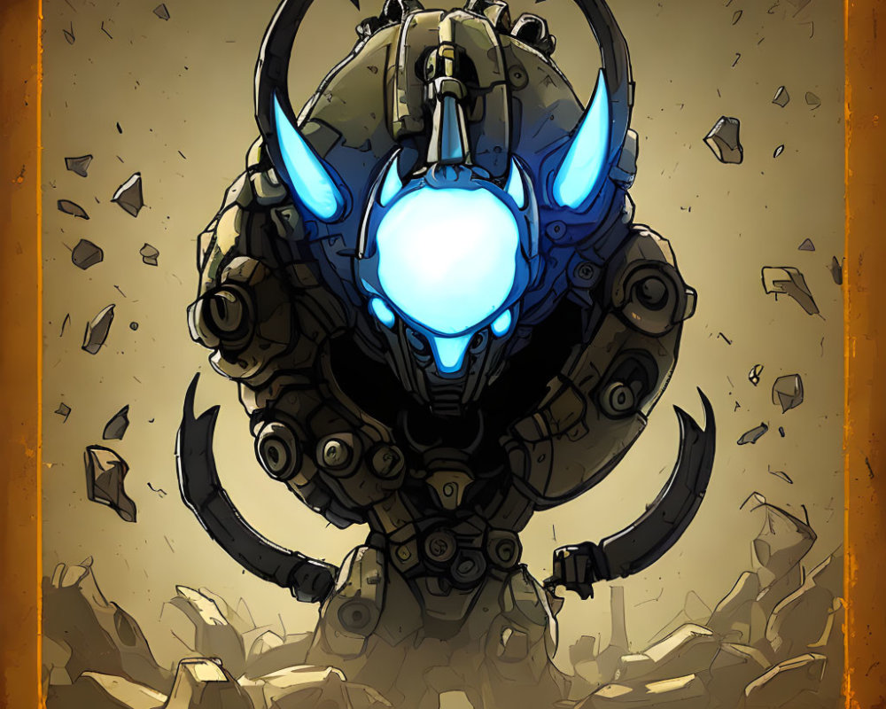 Stylized illustration of robotic creature with glowing blue eyes and horns in golden environment.