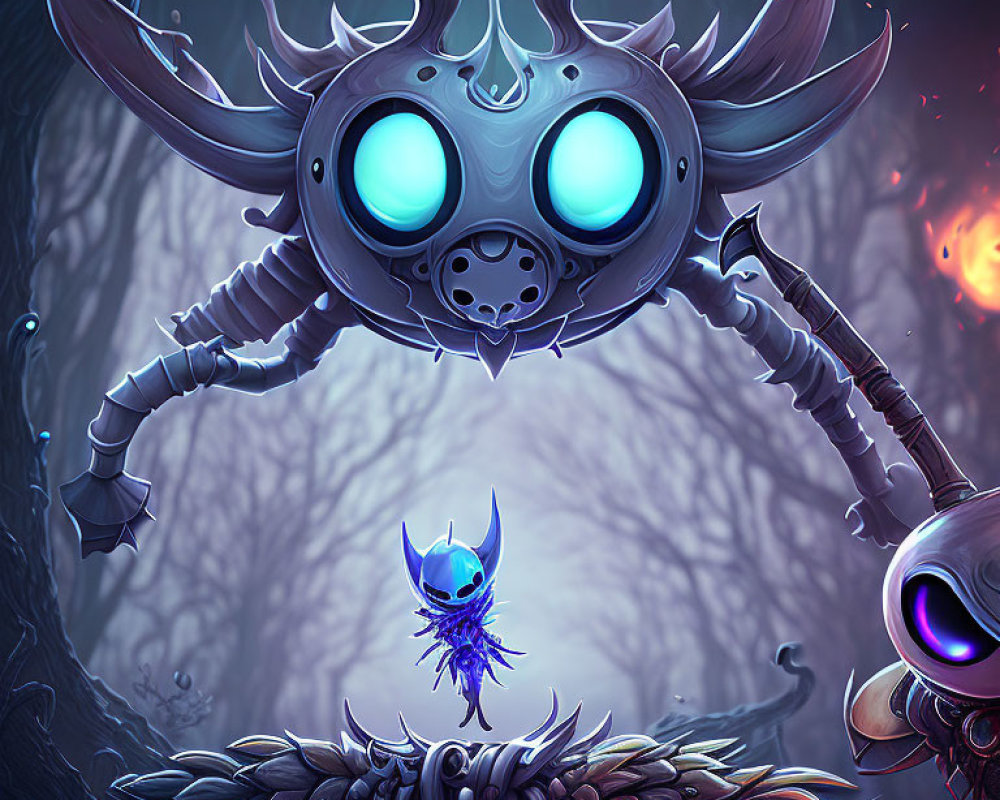 Stylized creature with large blue eyes in eerie forest scene